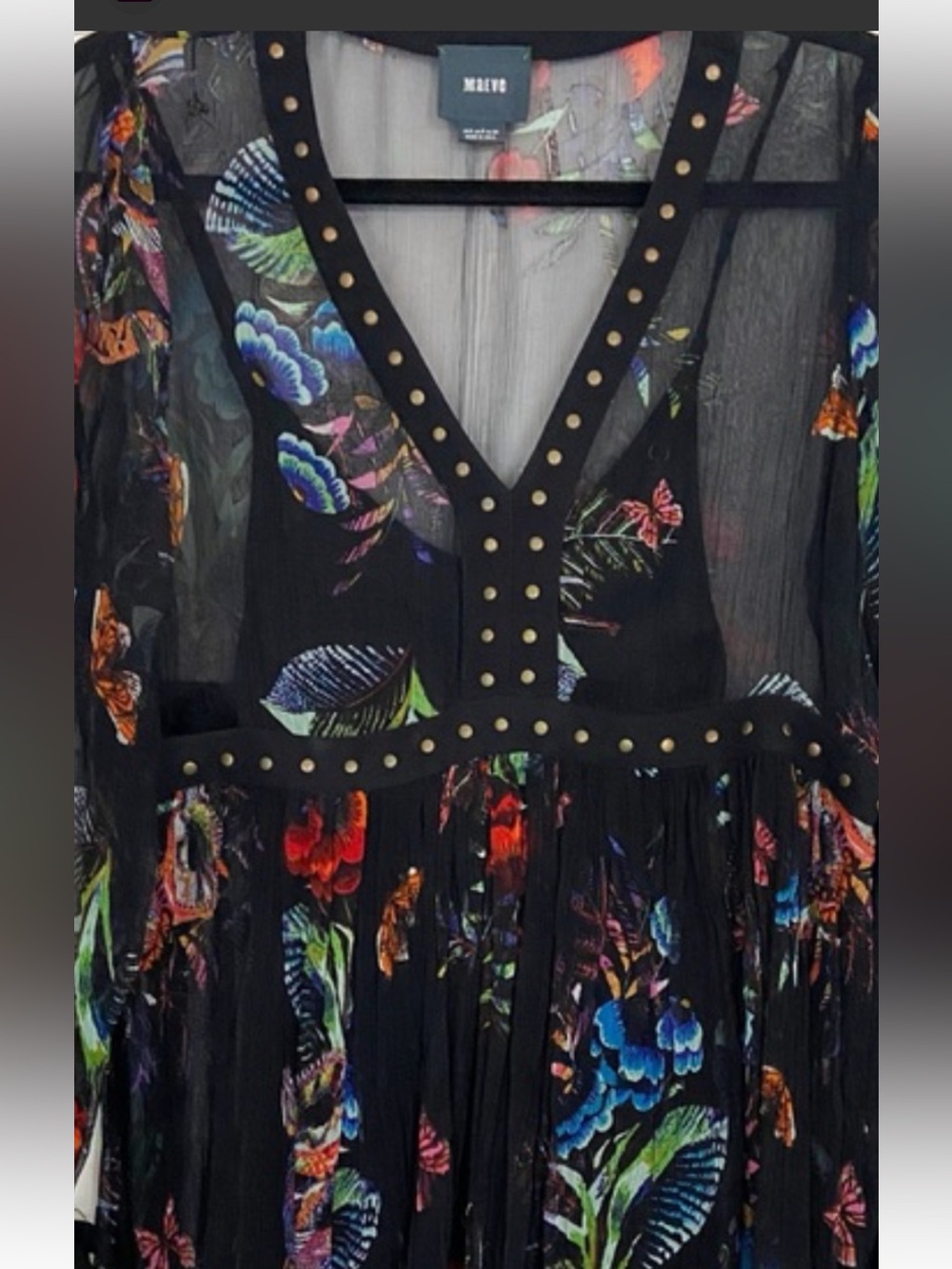 Maeve Black Sheer V-Neck Dress with Multicolor Floral Print